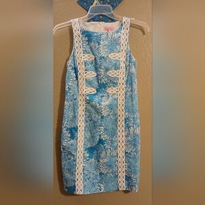 Lilly Pulitzer Blue Floral Mini Dress with White Lace